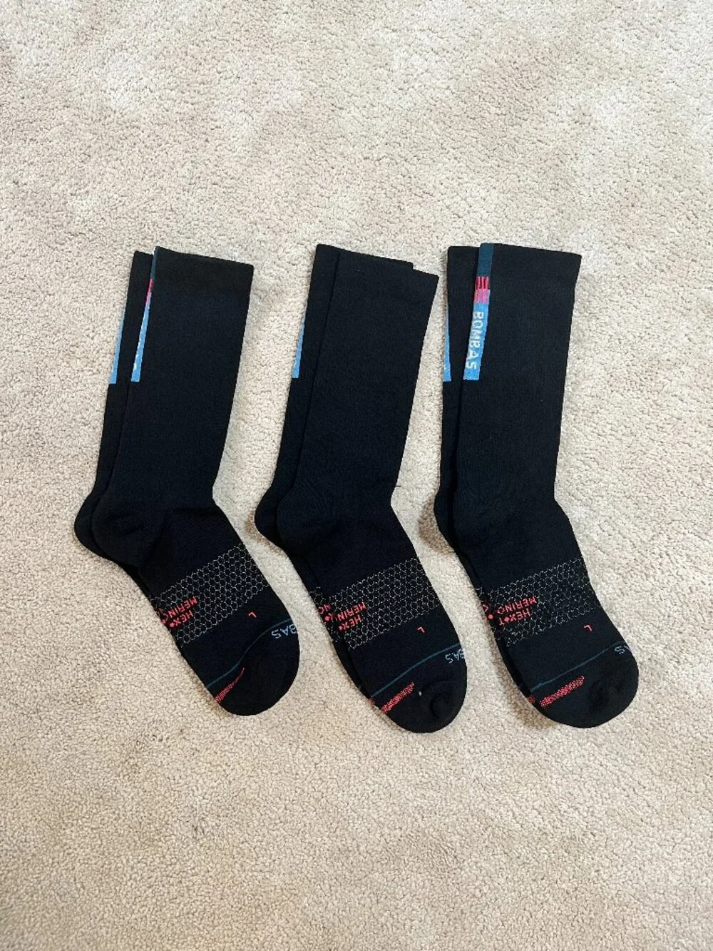 New 3-Pack BOMBAS merino wool Hex Tec Run Midweight Crew Socks XL Unisex Black